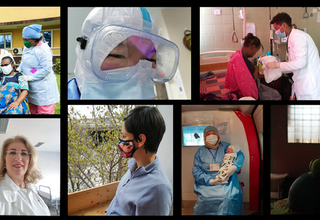 The pandemic has introduced danger and uncertainty to the start of motherhood. Clockwise from top left: © UNFPA DRC, © China Maternal and Child Health Association, © Ethiopian Midwives Association, © UNFPA Honduras, © ZHIAN health organization, © Vojislav Gushevski, © UNFPA Albania