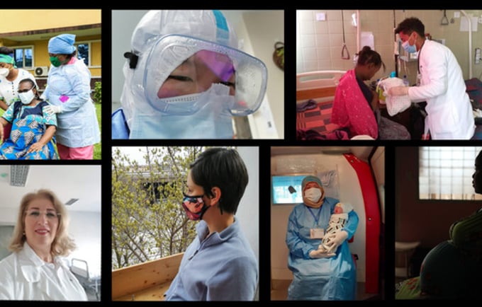 The pandemic has introduced danger and uncertainty to the start of motherhood. Clockwise from top left: © UNFPA DRC, © China Maternal and Child Health Association, © Ethiopian Midwives Association, © UNFPA Honduras, © ZHIAN health organization, © Vojislav Gushevski, © UNFPA Albania