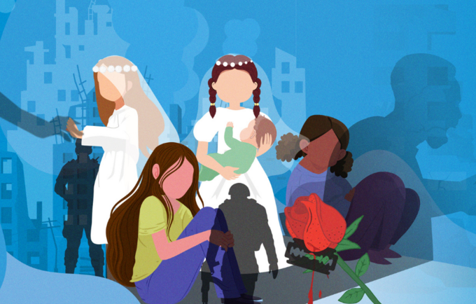 Illustration of young girls facing different kinds of gender-based violence