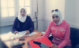 Huda (right) sits at a UNFPA-supported safe space in Alexandria, Egypt. She fled the violence in Syria three years ago and struggled to support herself. Now, she is working on behalf of other women refugees. Photo courtesy of Huda.