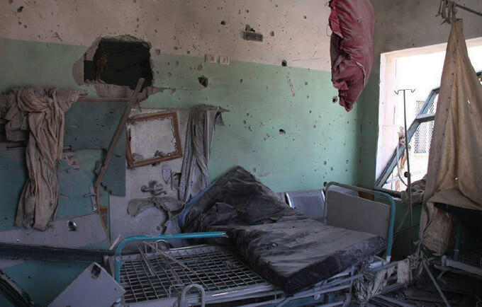 Shelled Al Aqsa Hospital in Deir al Balah Gaza Strip © ALRESALA Newspaper