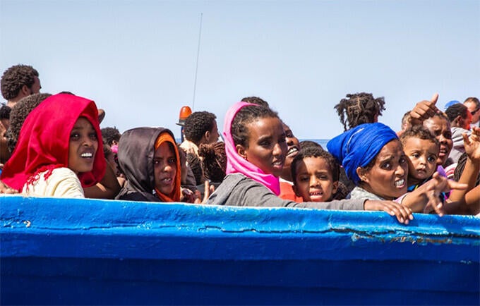 Boat in the Strait of Sicily, 40 miles from the Libyan coast. Photo © Franco Pagetti/VII 