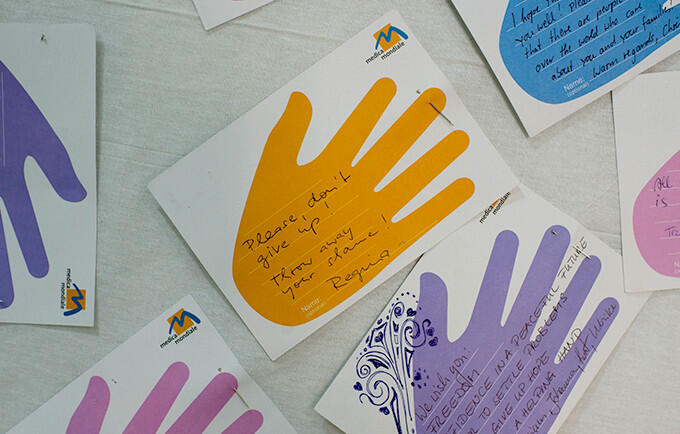 "Please don't give up," urges a message at a clinic in Dohuk, Iraq, specializing in treatment for survivors of sexual violence. Sexual and gender-based violence are commonly seen as tactics of warfare. © UNFPAIraq/Turchenkova