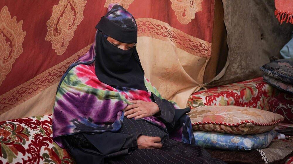 A pregnant woman in an internally displaced persons camp in Aden Governorate, Yemen. 