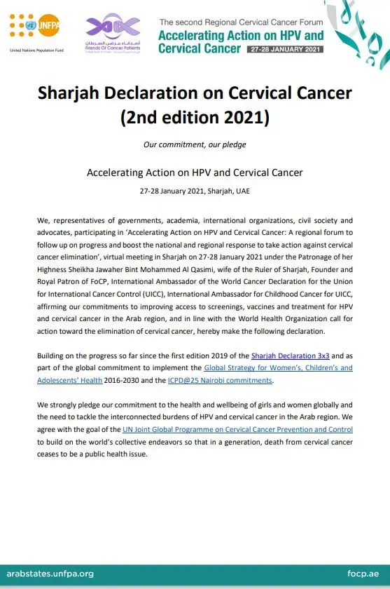 Sharjah Declaration on Cervical Cancer (2nd edition 2021)