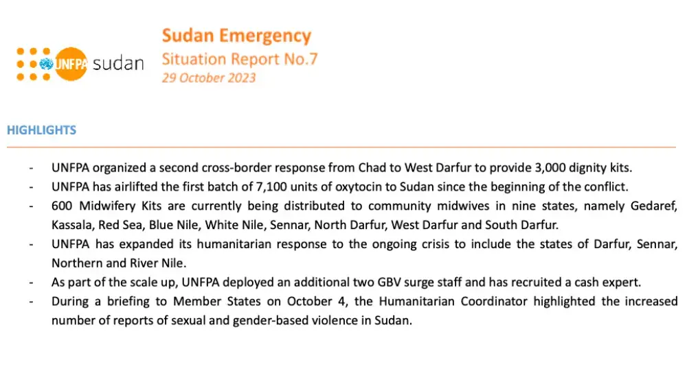 UNFPA Sudan Emergency Situation Report #7 - 29 October 2023