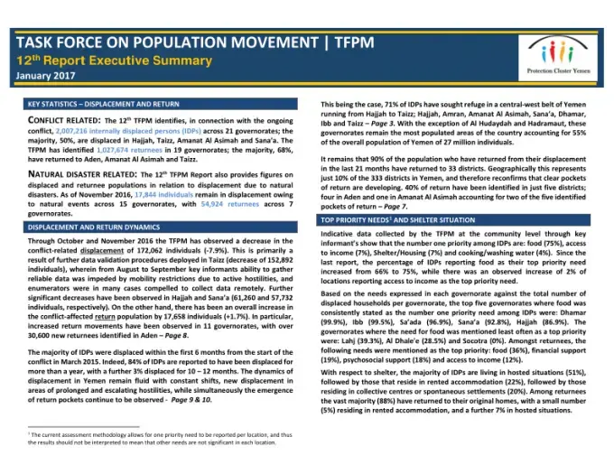 Yemen: Task Force on Population Movement (TFPM( - 12th Report Executive Summary