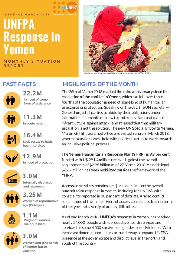 UNFPA Yemen Monthly Situation Report #3 March 2018