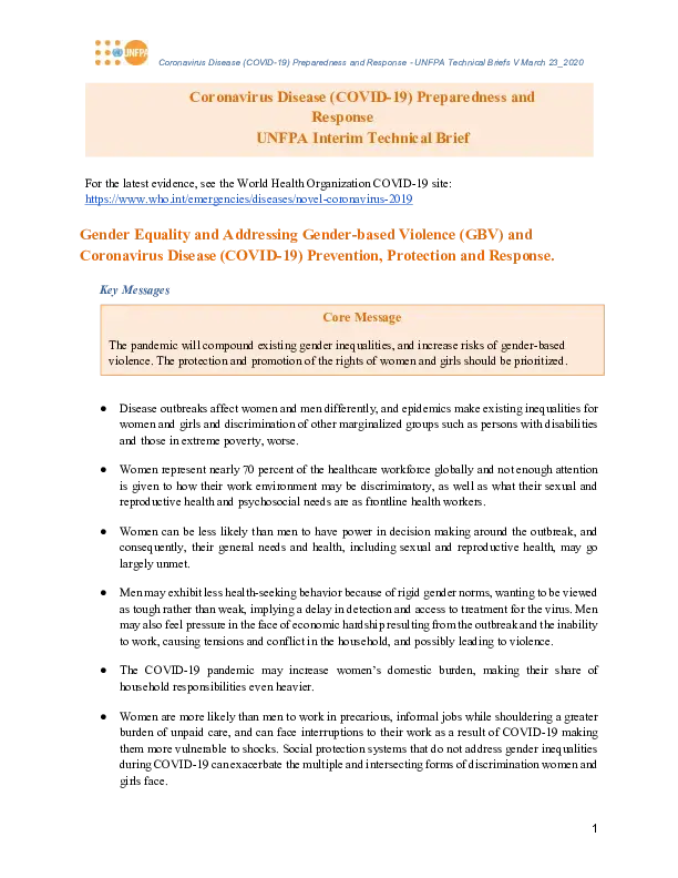 Gender Equality and Addressing Gender-based Violence (GBV) and Coronavirus Disease (COVID-19) Prevention, Protection and Response. 