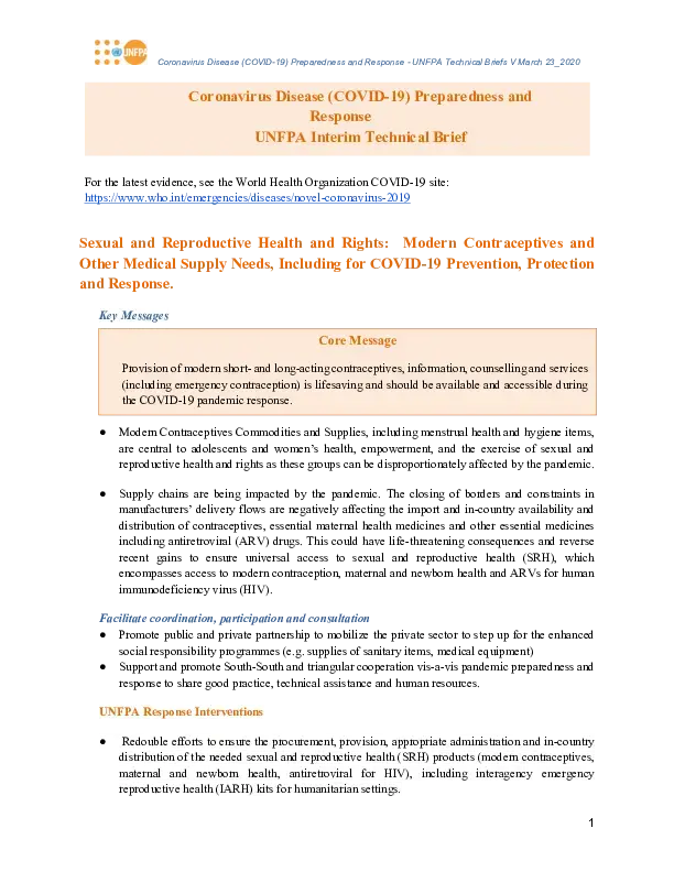 Sexual and Reproductive Health and Rights: Modern Contraceptives and Other Medical Supply Needs, Including for COVID-19 Prevention, Protection and Response.