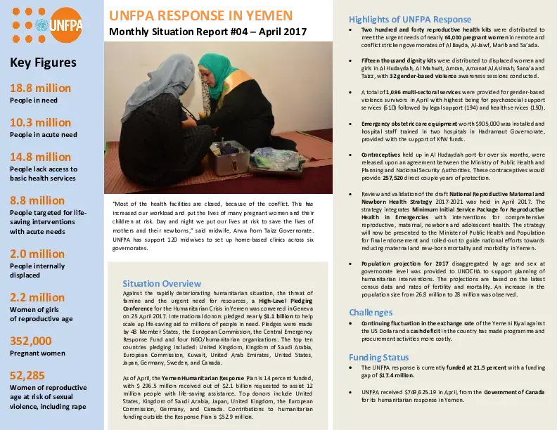 UNFPA RESPONSE IN YEMEN  Monthly Situation Report